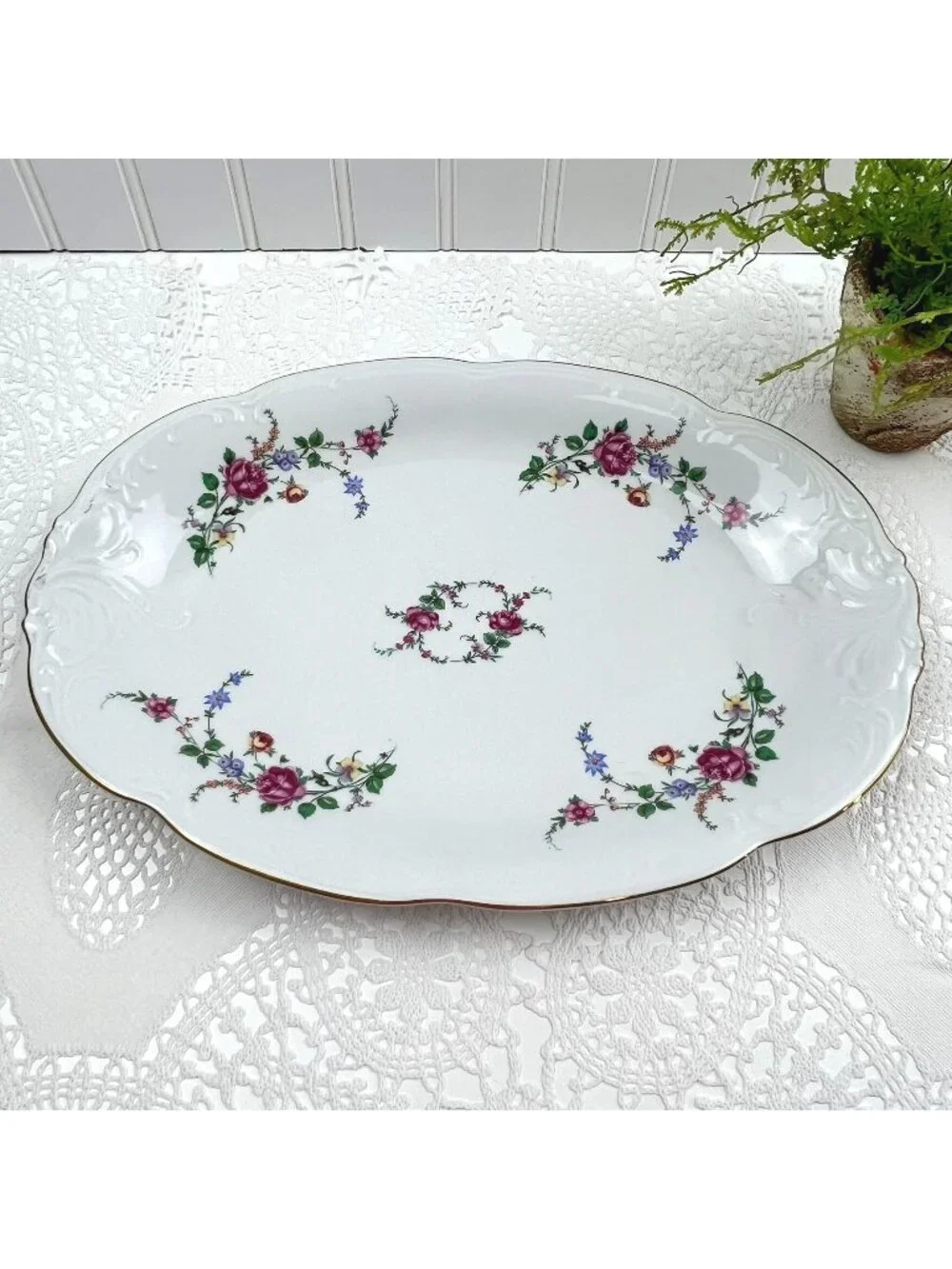 Wawel Poland Serving Platter Embossed Scalloped White Pink Roses 13